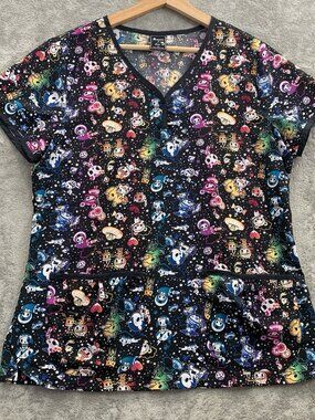 Tokidoki By Koi Scrub Top Women Medium Black Space Theme Colorful Characters